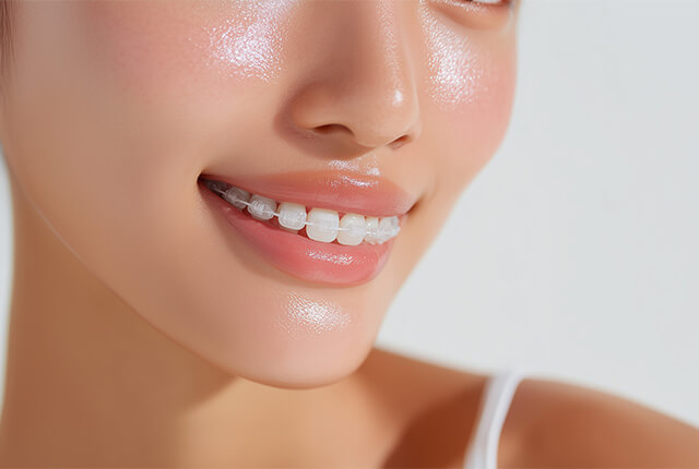 矯正中の歯を見せて微笑む女性